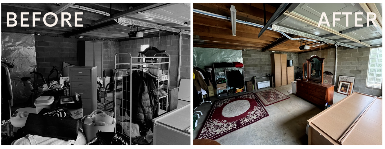 Before and after: furniture and belongings arranged to open up a garage