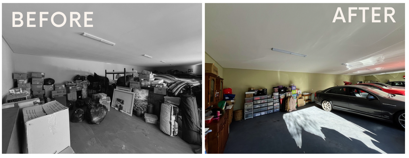 Before and after: garage clutter sorted to make room for a car